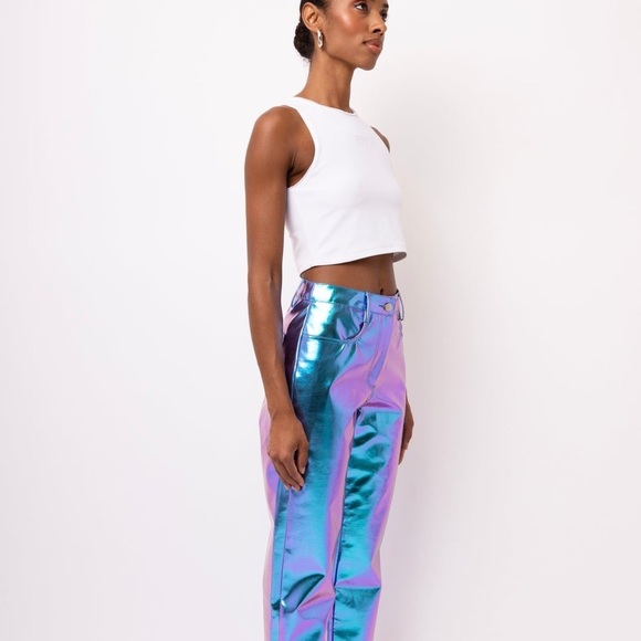 NEW AMYLYNN USA Lupe Purple Iridescent Metallic Faux Leather Trousers Size L - Picture 3 of 12